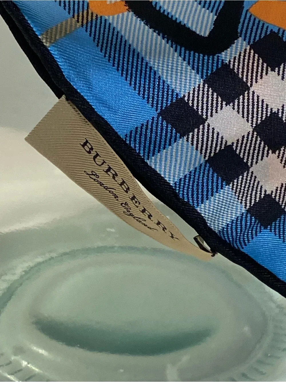 Burberry Blue and Orange Plaid Silk Scarf with Black Accents